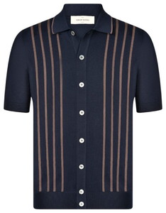 Gran Sasso Full Button Knitted Striped Polo Shirt Navy