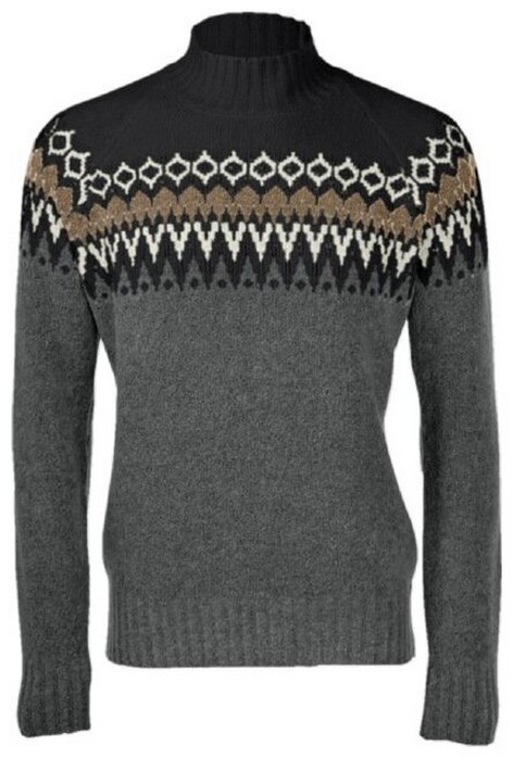 Gran Sasso Jacquard Cowichan Pattern Bouclé Effect Mock Neck Pullover Dark Grey-Camel