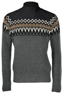 Gran Sasso Jacquard Cowichan Pattern Bouclé Effect Mock Neck Trui Dark Grey-Camel