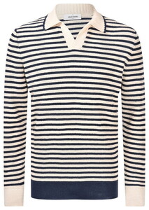 Gran Sasso Knitted Stripe Linen Cotton Pullover Navy-Ecru