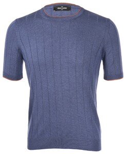 Gran Sasso Silk Ribbed Knit Round Neck T-Shirt Indigo Blue-Brown