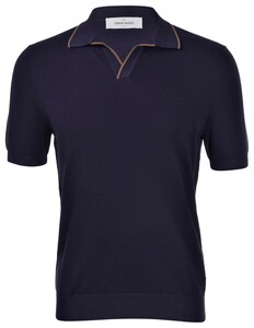 Gran Sasso Skipper Knit Rice Stitch Fine Piping Detail Polo Navy