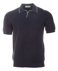 Gran Sasso Skipper Knit Rice Stitch Fine Piping Detail Poloshirt Dark Denim Blue