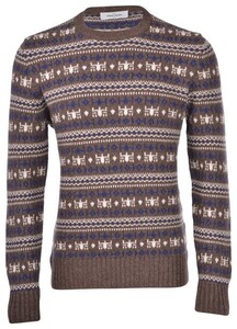 Gran Sasso Super Geelong Wool Jacquard Fantasy Crew Neck Pullover Brown-Blue