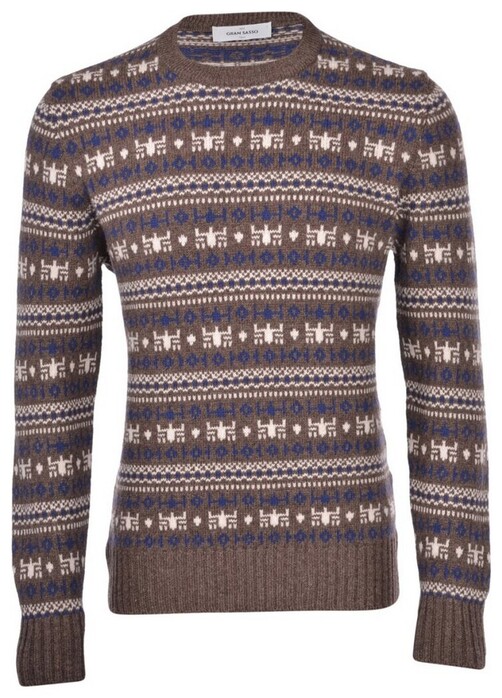 Gran Sasso Super Geelong Wool Jacquard Fantasy Crew Neck Trui Bruin-Blauw