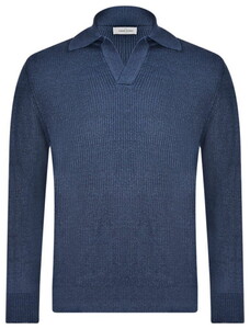 Gran Sasso Uni Color Linnen Cotton Fisherman's Rib Knit Skipper Polo Navy