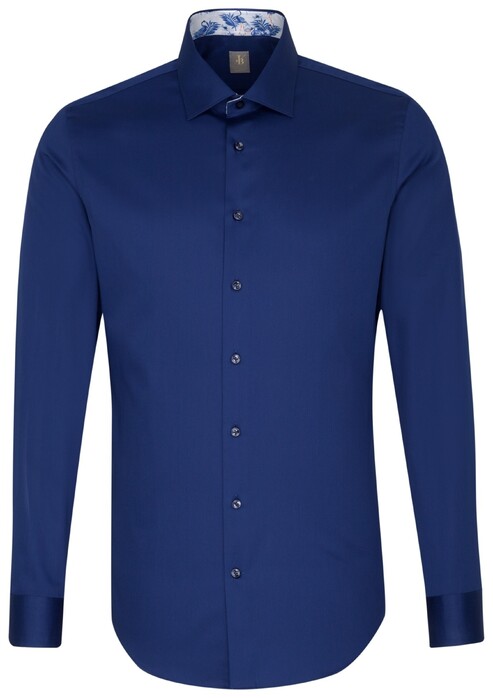 Jacques Britt Kent Uni Contrast Overhemd Donker Blauw Melange