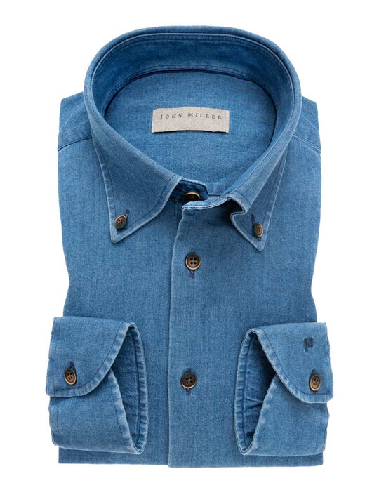 John Miller Denim Look Button-Down Tailored Fit Overhemd Donker Blauw