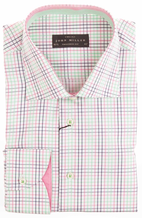 John Miller Green-Pink Fine Check Overhemd Multicolor