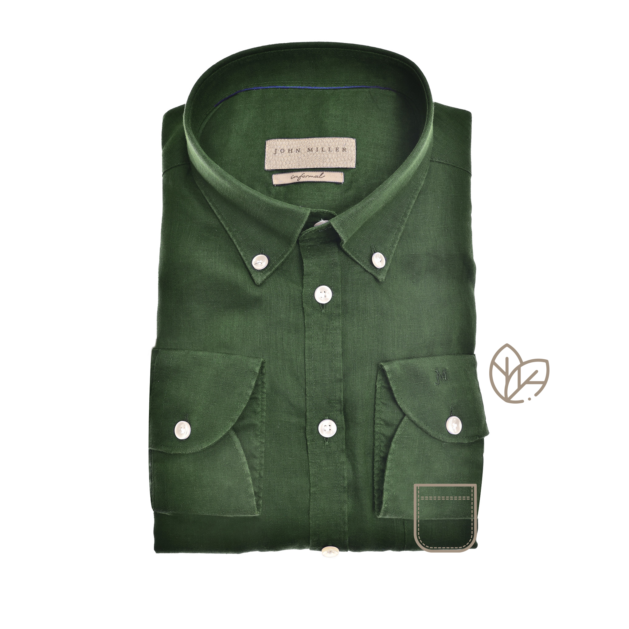John Miller Linen Button-Down Tailored Fit Overhemd Donker Groen