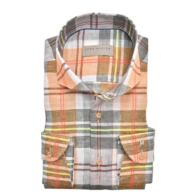 John Miller Linen Check Cutaway Slim Fit Overhemd Midden Groen