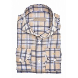 John Miller Slim Multi Check Pattern Cutaway Cotton Stretch Overhemd Lichtbruin-Blauw