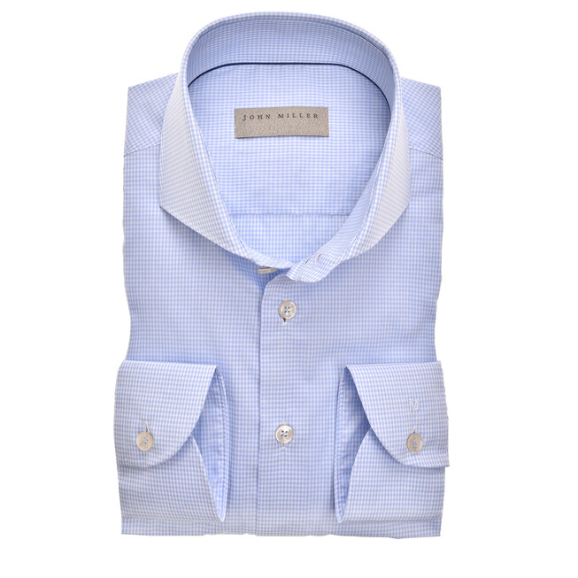 John Miller Small Check Cutaway Long Sleeve Tailored Fit Overhemd Licht Blauw