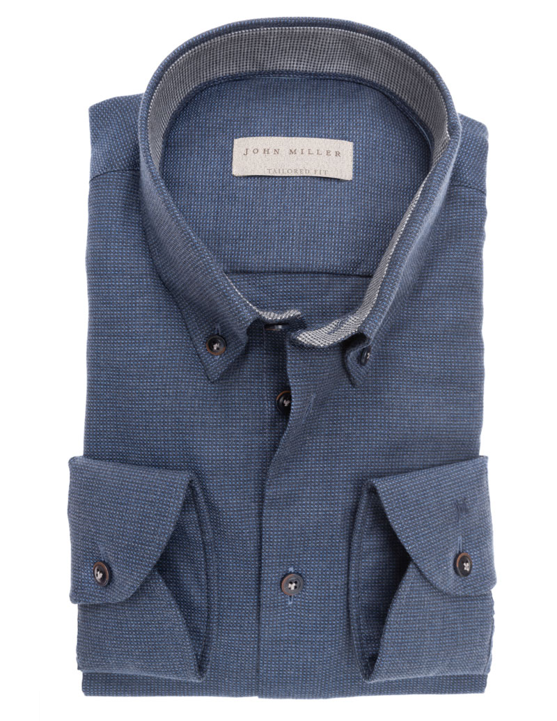 John Miller Subtle Pattern Button-Down Tailored Fit Overhemd Donker Blauw