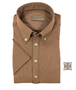 John Miller Tailored Fit Button Down Short Sleeve Hyperstretch Poloshirt Mid Brown