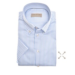 John Miller Vertical Stripe Short Sleeve Cotton Subtle Stretch Overhemd Licht Blauw