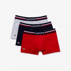 Lacoste 3Pack Trunks Waistband 3Tone Stripe Underwear Navy Blue-Silver Chine-Red
