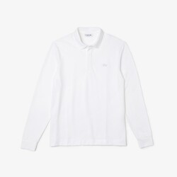 Lacoste Paris Stretch Cotton Piqué Hidden Button Placket Long Sleeve Poloshirt White