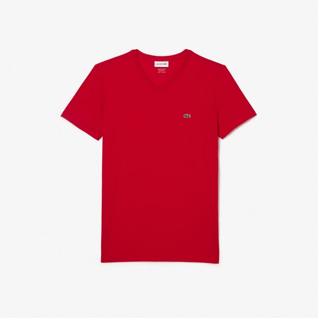 Lacoste Premium Lightweight Pima Cotton Jersey Ribbed V-Neck T-Shirt Rood