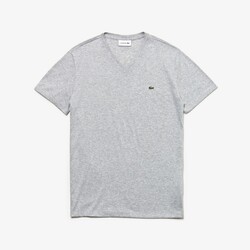 Lacoste Premium Lightweight Pima Cotton Jersey Ribbed V-Neck T-Shirt Silver Chine