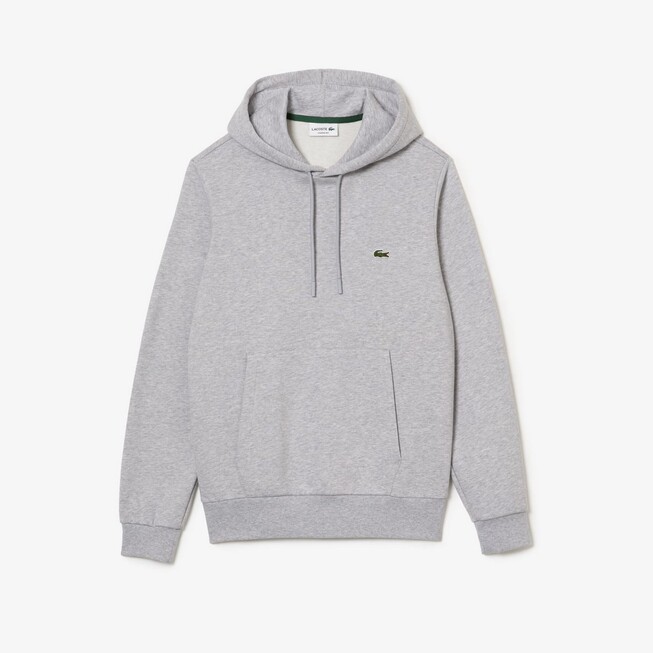 Lacoste Sweatshirt Hoodie Brushed Organic Cotton Fleece Kangaroo Pockets Pullover Silver Chine