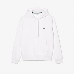 Lacoste Sweatshirt Hoodie Brushed Organic Cotton Fleece Kangaroo Pockets Pullover White