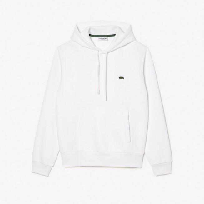 Lacoste Sweatshirt Hoodie Brushed Organic Cotton Fleece Kangaroo Pockets Pullover White