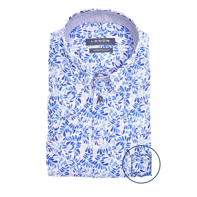 Ledûb Brushed Pattern Short Sleeve Button-Down Modern Fit Overhemd Blauw