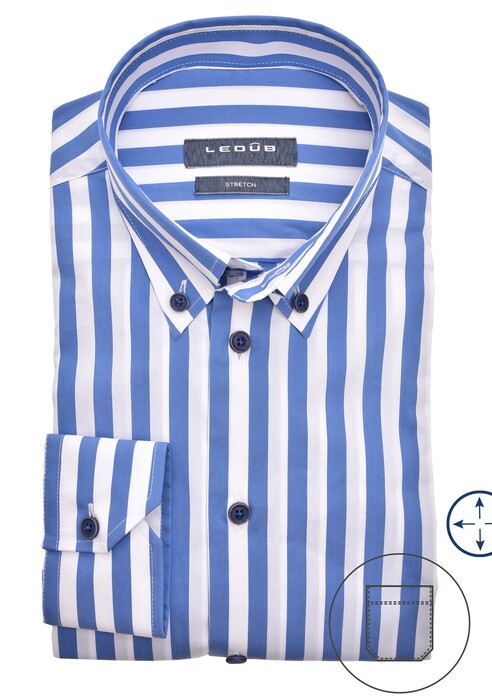Ledûb Button Down Stripe Stretch Overhemd Midden Blauw
