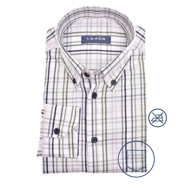 Ledûb Contrast Check Button-Down Modern Fit Overhemd Wit