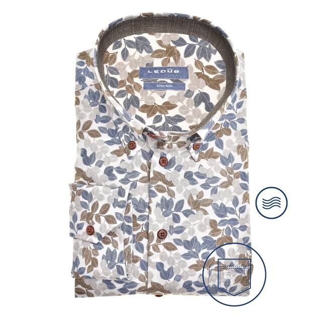Ledûb Fine Leaf Pattern Button-Down Modern Fit Overhemd Donker Blauw