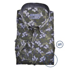Ledûb Fine Leaf Pattern Button-Down Modern Fit Shirt Mid Green