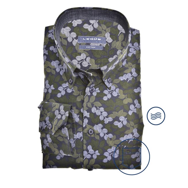 Ledûb Fine Leaf Pattern Button-Down Modern Fit Shirt Mid Green