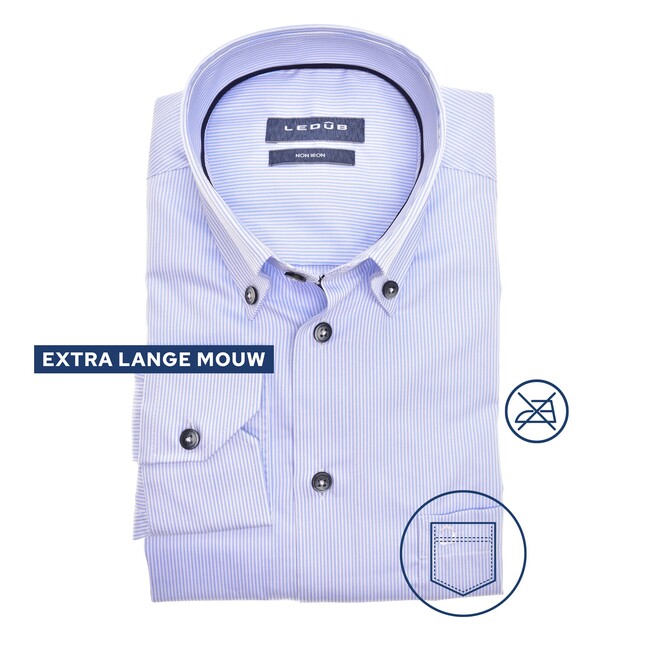 Ledûb Fine Stripe Long Sleeve Button-Down Modern Fit Overhemd Licht Blauw