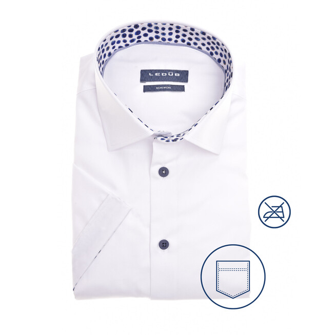Ledûb Ink Dot Contrast Short Sleeve Semi-Spread Modern Fit Overhemd Wit