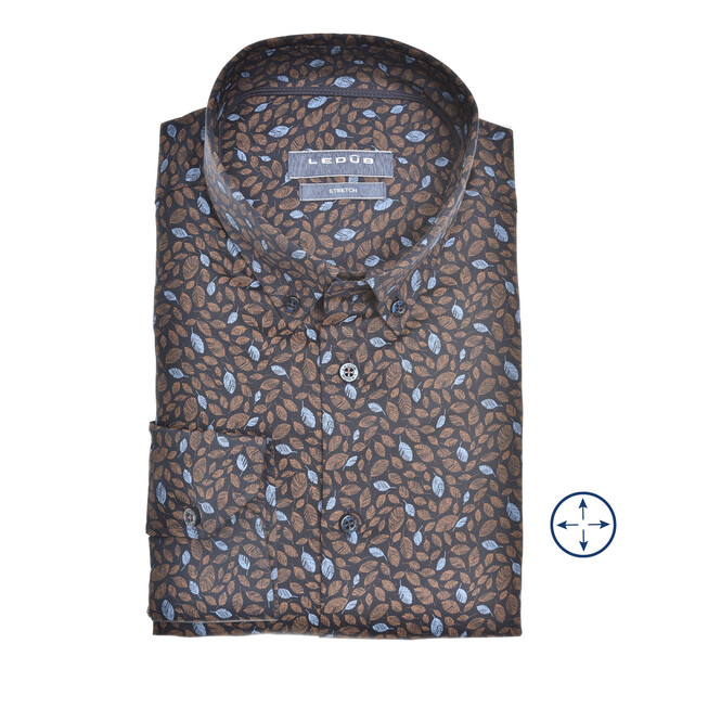Ledûb Leaf Pattern Button-Down Slim Fit Shirt Mid Brown