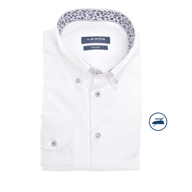 Ledûb Leaf Pattern Contrast Button-Down Slim Fit Shirt White