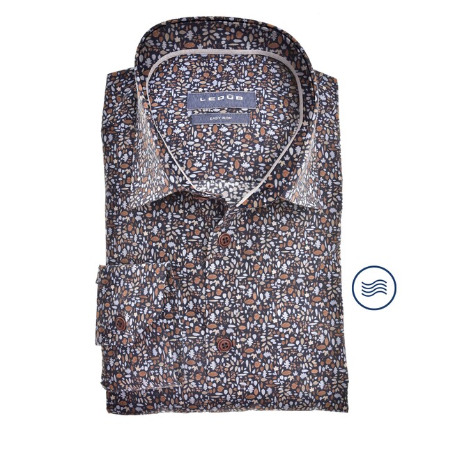 Ledûb Leaf Pattern Semi-Spread Modern Fit Overhemd Donker Blauw