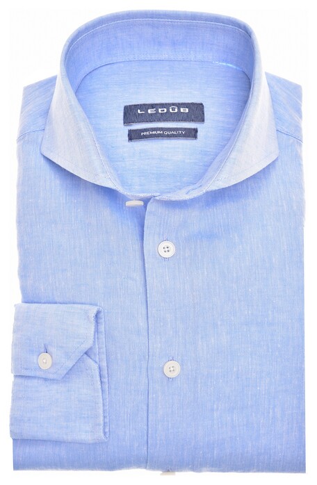 Ledûb Linen-Cotton Blend Plain Shirt Light Blue