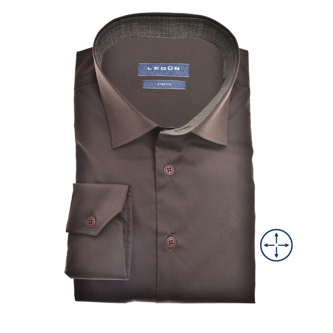 Ledûb Linen Look Contrast Semi-Spread Modern Fit Overhemd Donker Bruin