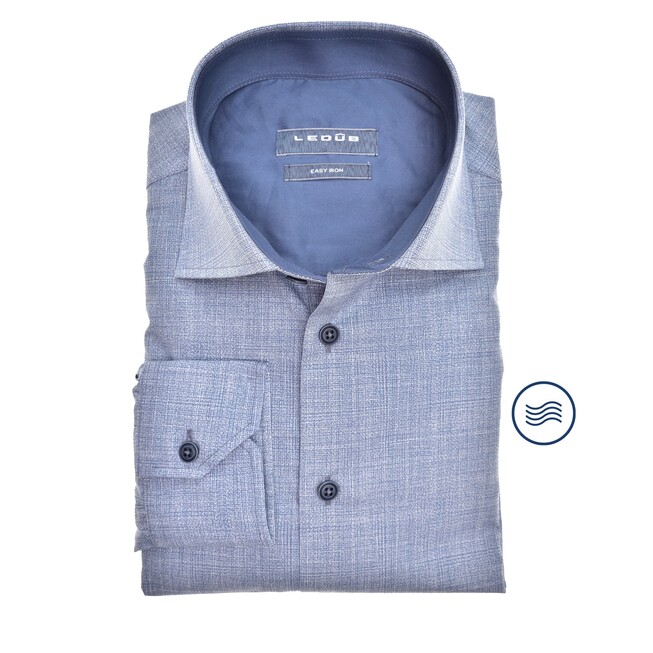 Ledûb Linen Look Wide-Spread Modern Fit Overhemd Midden Blauw