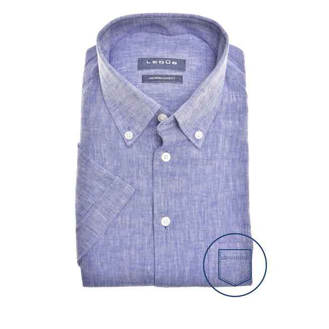 Ledûb Linen Mix Button-Down Modern Fit Shirt Mid Blue