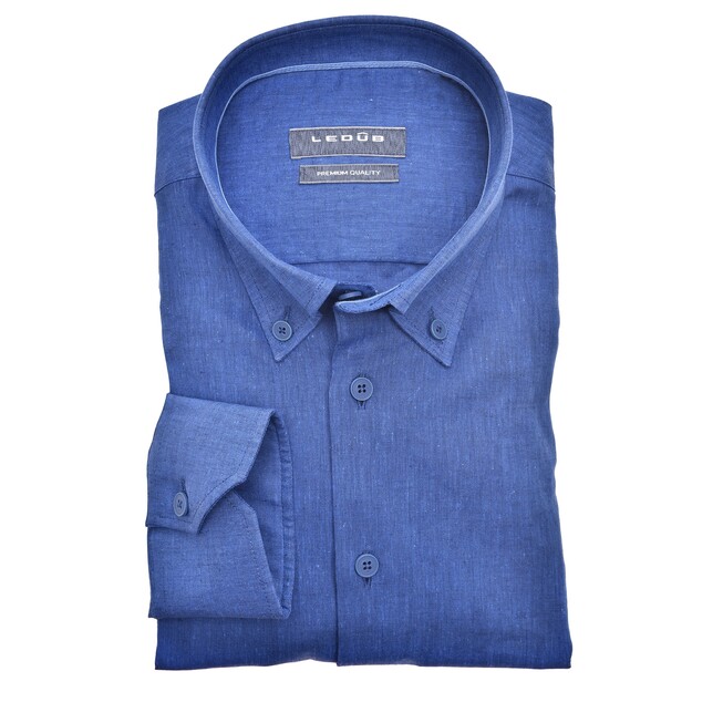 Ledûb Linen Mix Button-Down Slim Fit Shirt Mid Blue