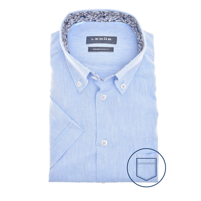 Ledûb Linen-Mix Plain Floral Collar Contrast Overhemd Licht Blauw