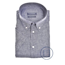 Ledûb Linen Mix Short Sleeve Button-Down Modern Fit Overhemd Donker Blauw