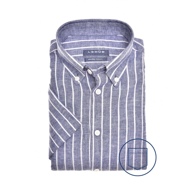 Ledûb Linen Stripe Short Sleeve Button-Down Modern Fit Overhemd Donker Blauw