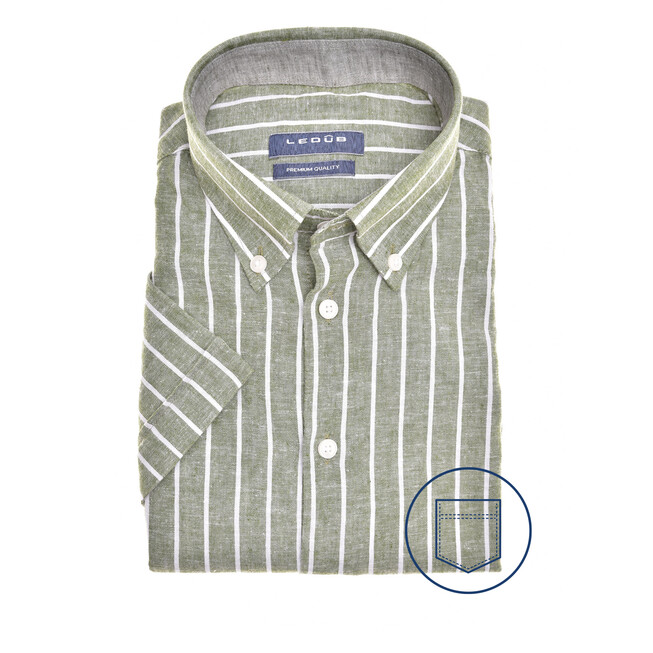 Ledûb Linen Stripe Short Sleeve Button-Down Modern Fit Overhemd Groen