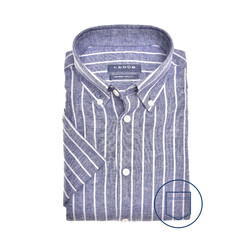 Ledûb Linen Stripe Short Sleeve Button-Down Modern Fit Shirt Dark Evening Blue