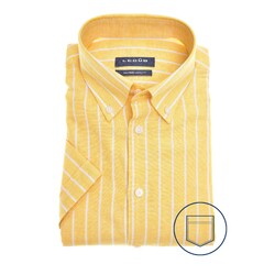 Ledûb Linen Stripe Short Sleeve Button-Down Modern Fit Shirt Yellow