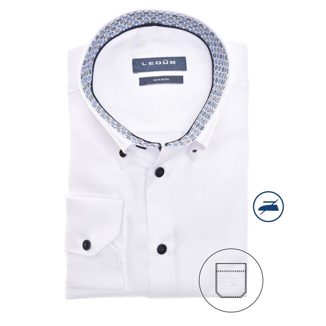 Ledûb Long Sleeve Faux Dot Contrast Modern Fit Overhemd Wit